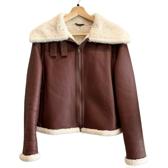 Theory Sedona Relax Shearling Moto Lamb's Leather Wide Collar Zip-Up Jacket - Picture 2 of 9